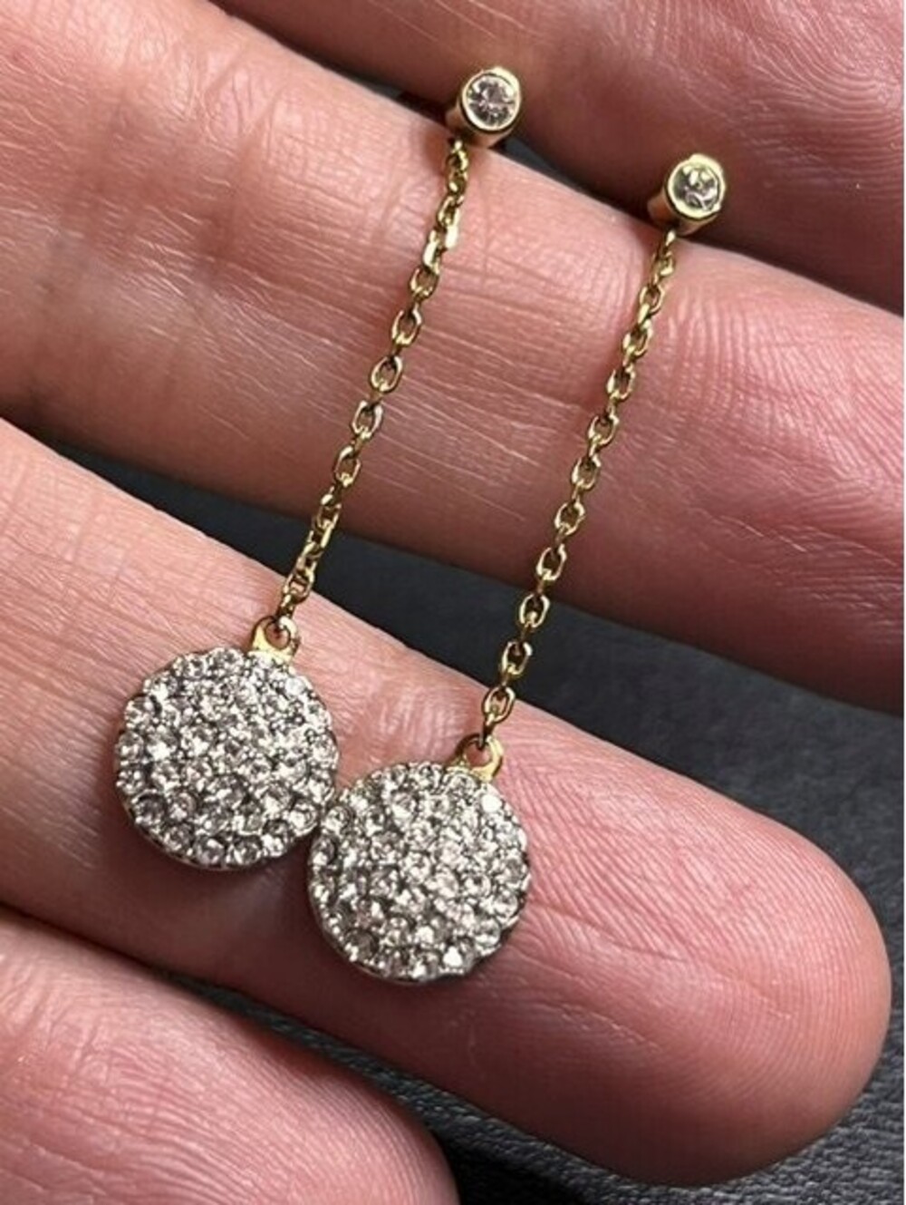 B5773 Michael Kors Pave Rhinestone Disc Dangle Stud Earrings Gold Tone 1.5" Drop